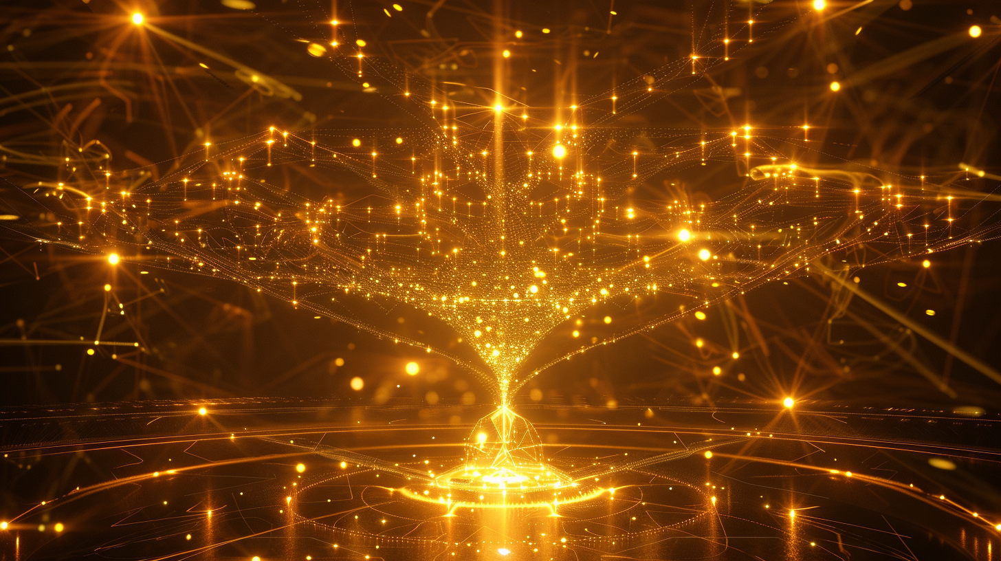 Abstract golden digital tree made of glowing nodes and connections, visualizing a hierarchical structure
