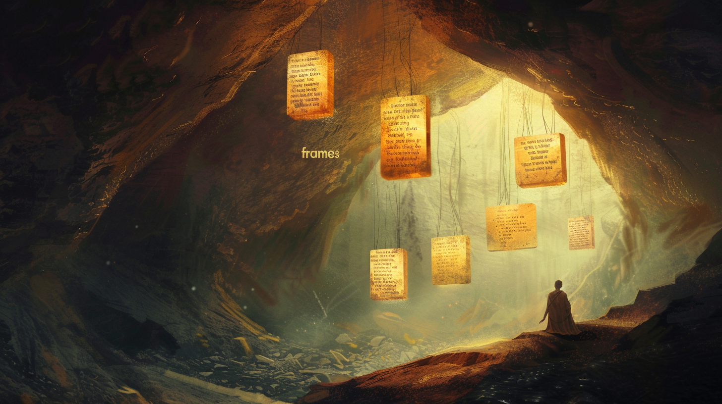 Cavern interior filled with vertical glowing panels arranged in depth, suggesting a stack of recursive calls