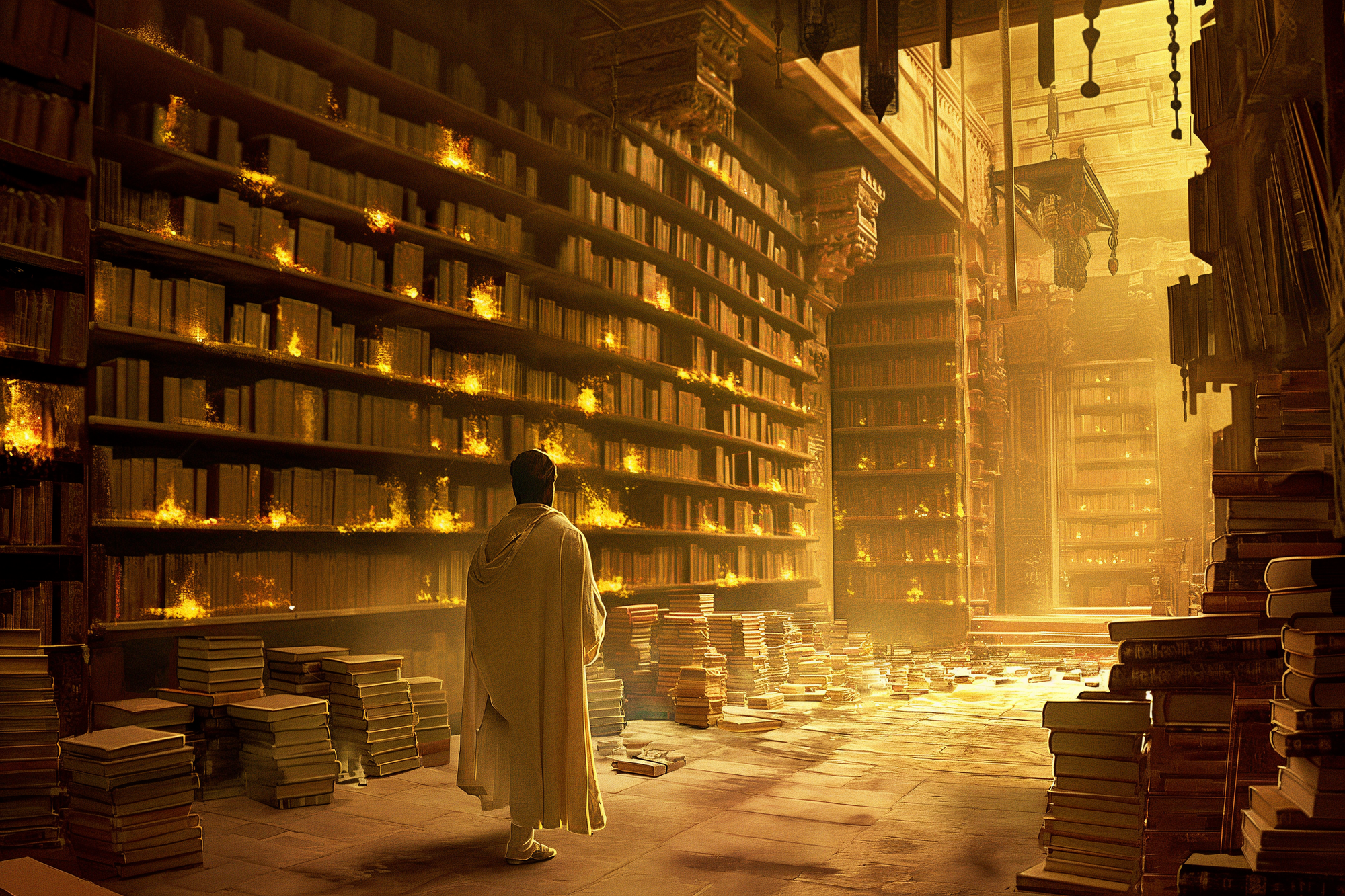 Ancient glowing archive filled with towering shelves and scattered scrolls, a young student standing among the chaos.