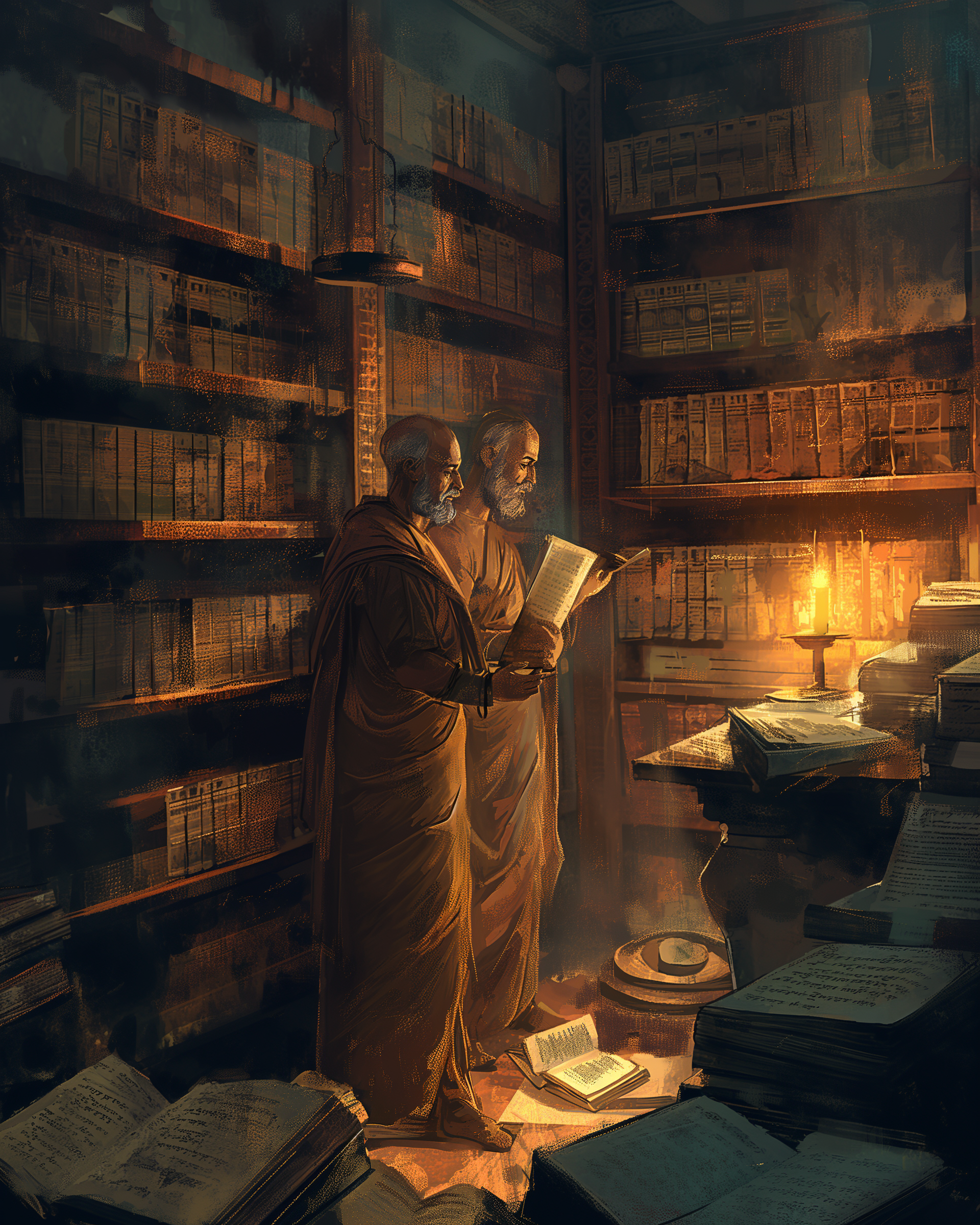 Two monks studying ancient scrolls inside a glowing archive corridor filled with towering shelves.