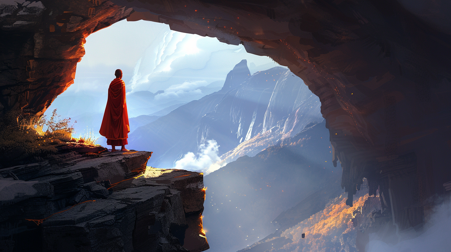 Arjun standing at the mouth of a high mountain cave, looking over a cloudy valley as echoes fade into the distance