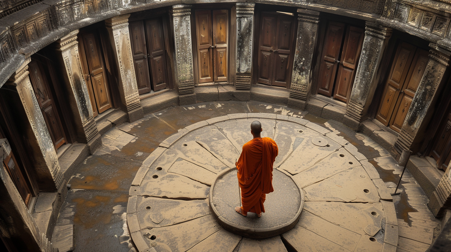Arjun standing in a circular hall lined with many doors, unsure which one to open