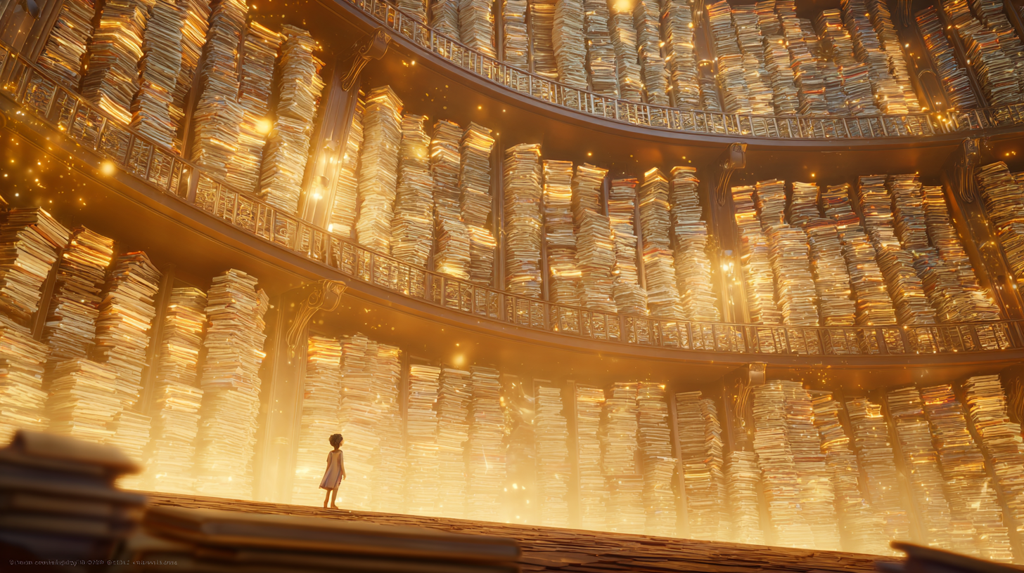 Arjun standing dwarfed by enormous curved shelves stacked with glowing books, overwhelmed by the amount of knowledge