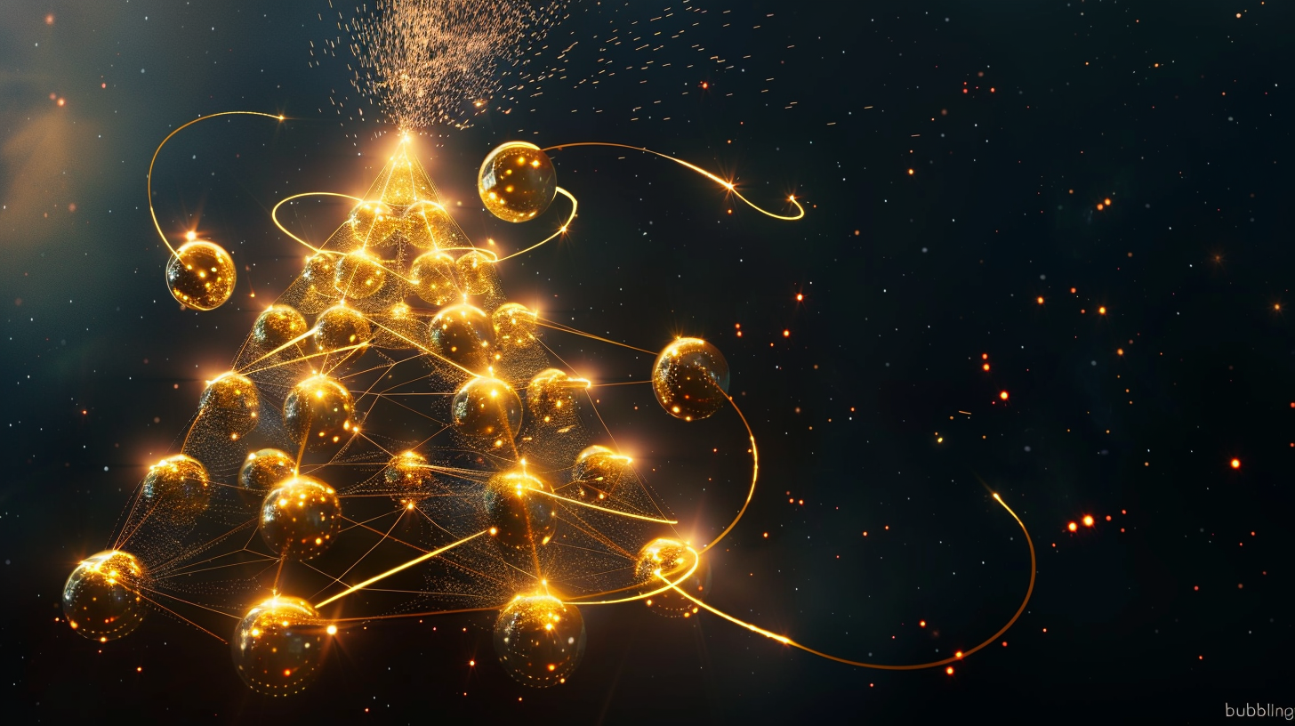 Golden spheres arranged in a pyramid in space, with one bright sphere rising upward from lower levels toward the top