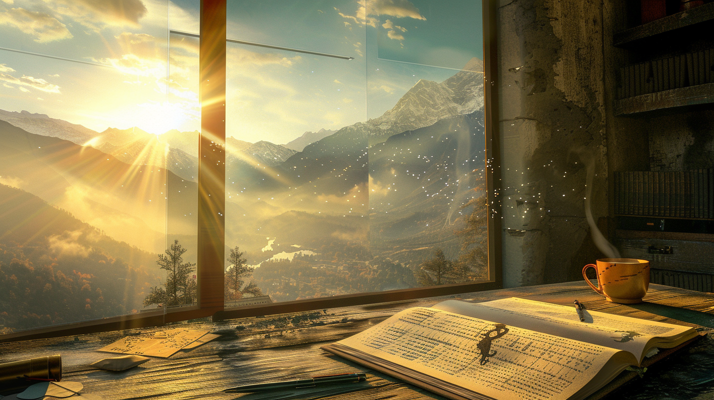 Desk with an open notebook and coffee cup in front of a sunrise window, with sunbeams forming distinct bands of light across the pages