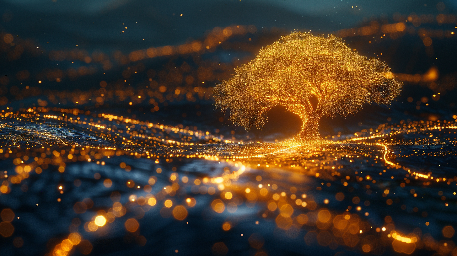 Golden tree of light over a dark landscape, with many glowing paths branching out and some fading, representing explored and undone options.