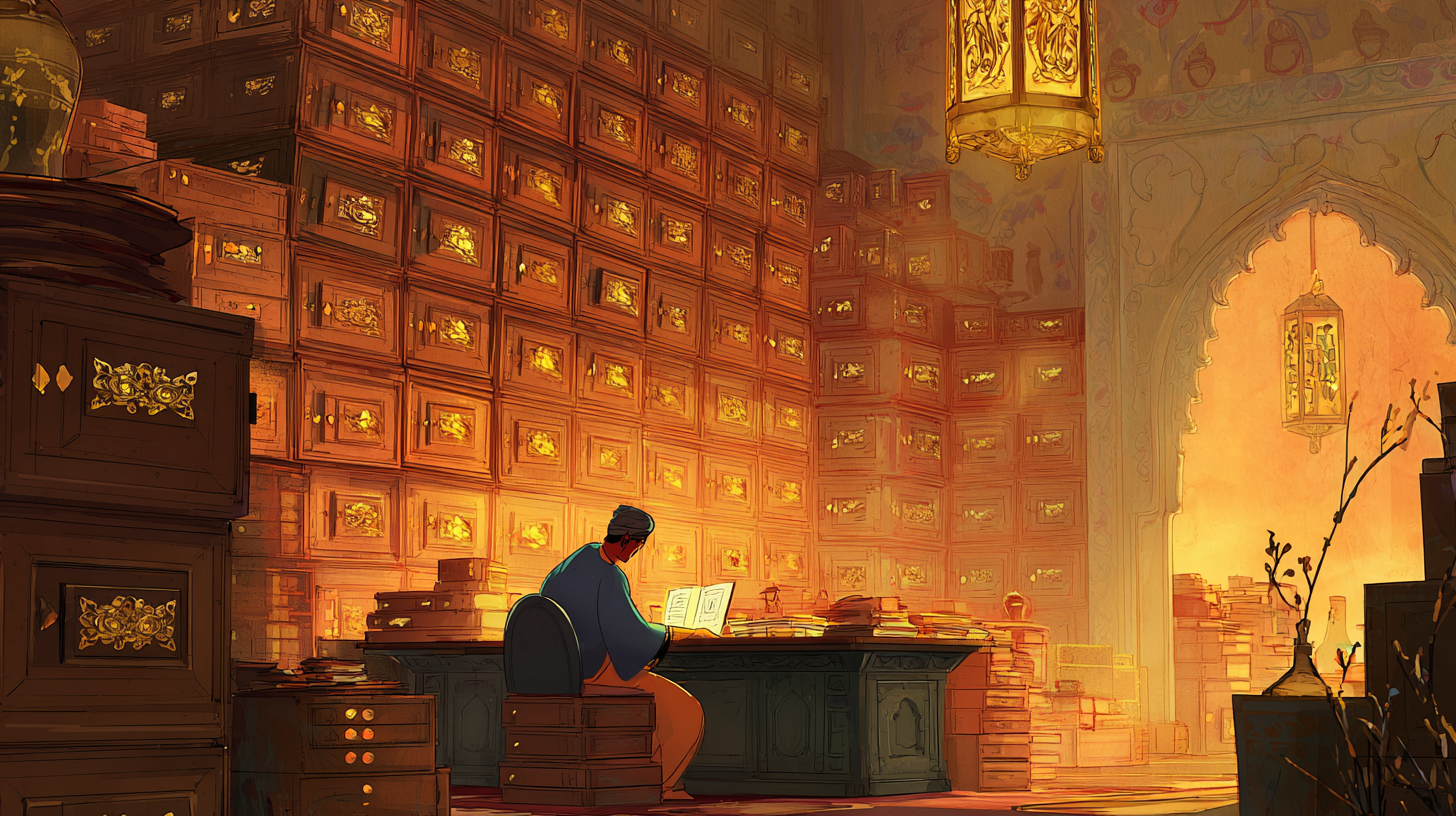 A focused librarian at an ornate desk surrounded by drawers and shelves, quickly locating a specific record among many