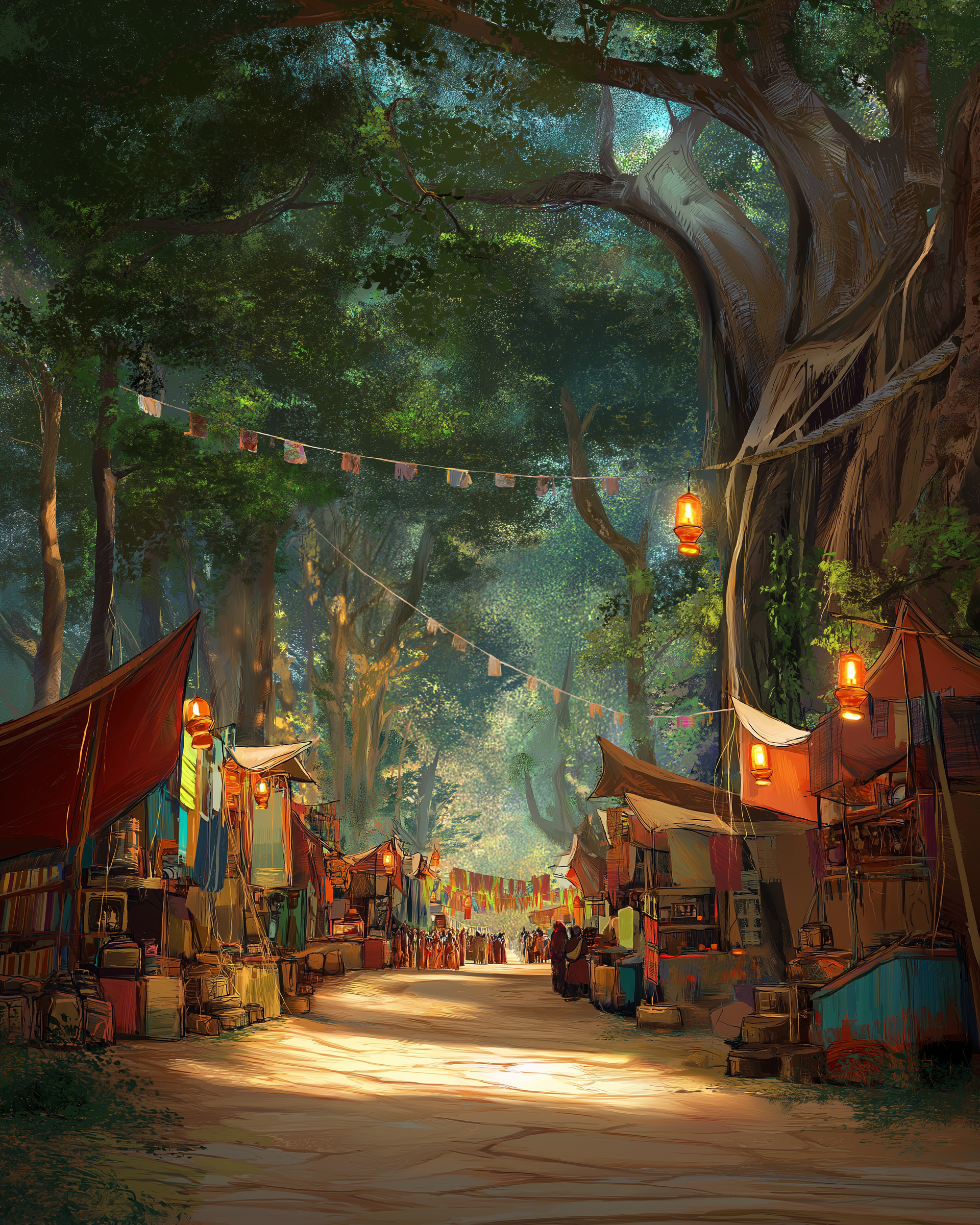 Ancient forest marketplace filled with colorful stalls and glowing lanterns