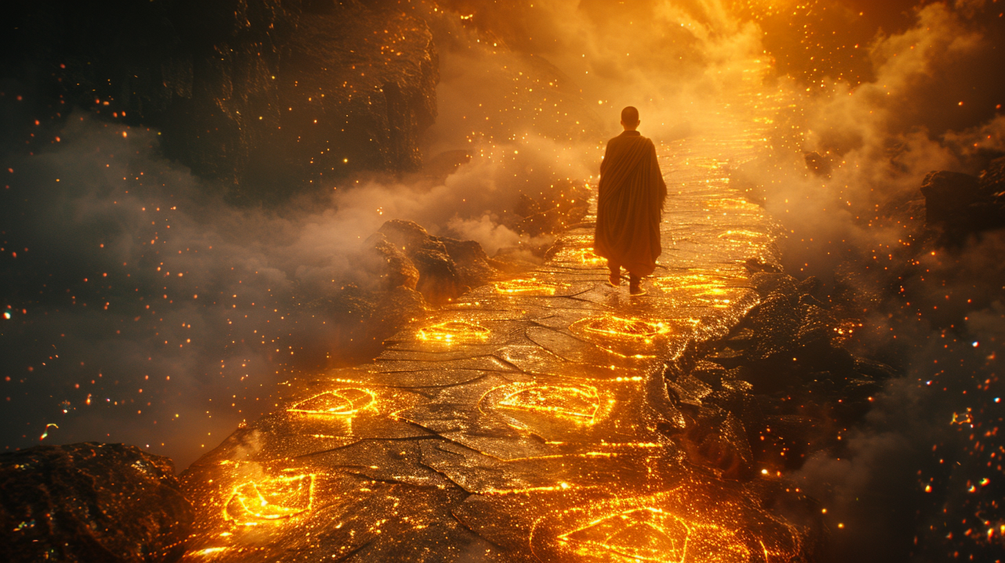 A glowing path of stones in a misty cave where each step lights up as a monk walks forward, hinting at the ability to advance and then step back.