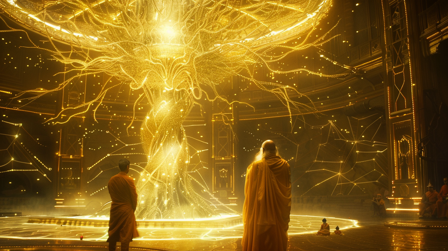 Guru Bodhi and Arjun standing before a glowing golden tree of light that branches into many smaller nodes