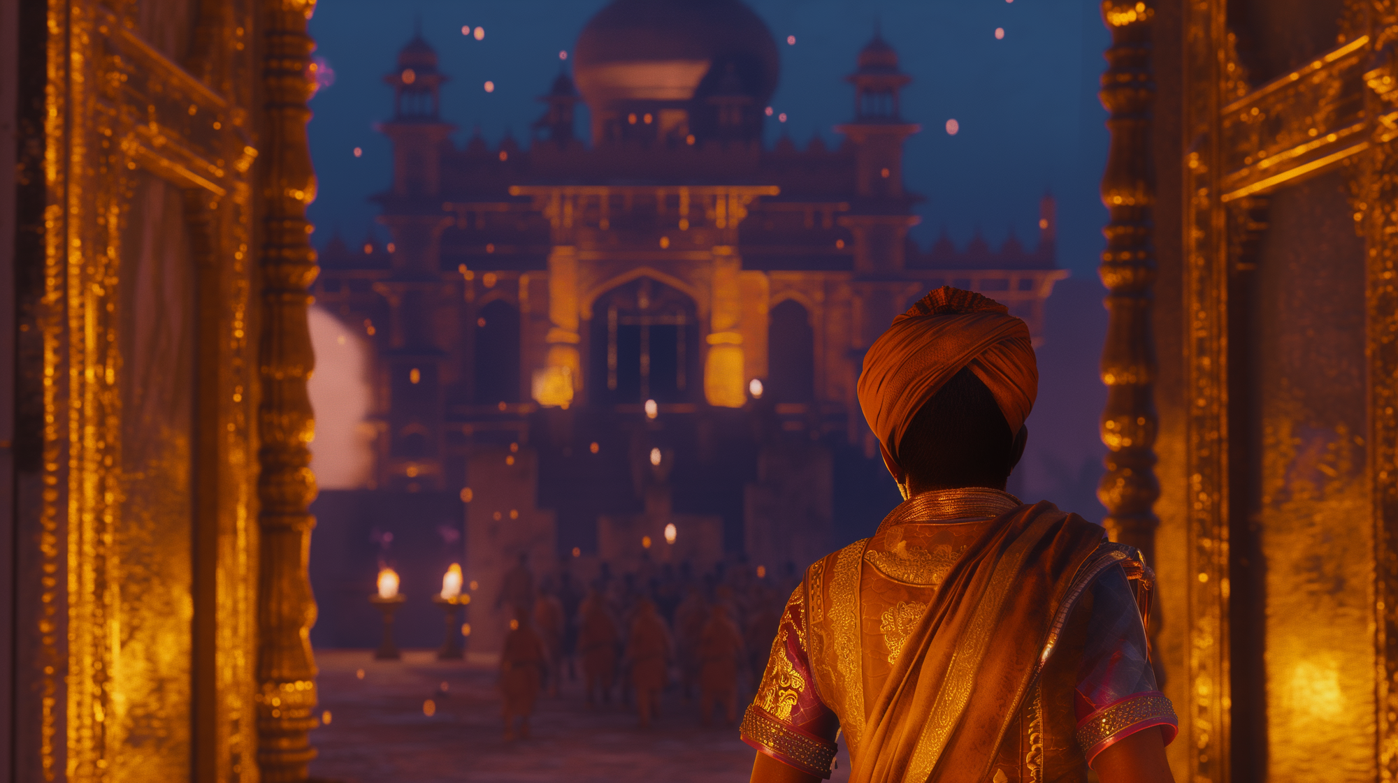 Guard in ceremonial robes standing before a towering fortress gate at dusk