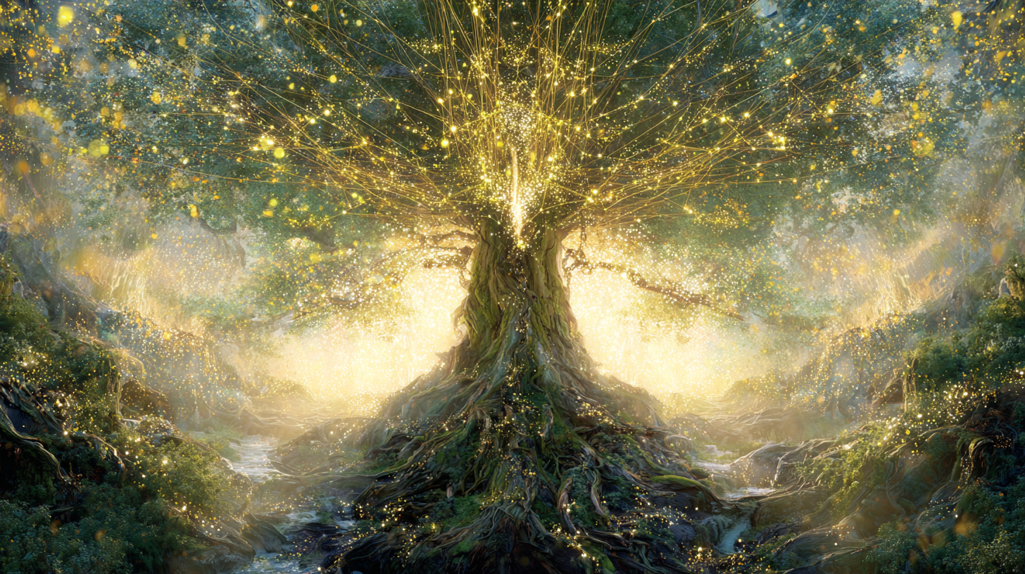 A giant ancient tree glowing with golden connections like a graph