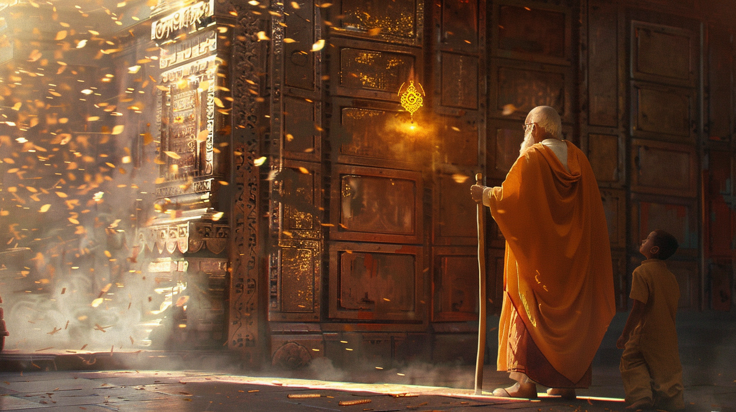 Guru Bodhi holding a glowing key symbol while teaching Arjun in front of ornate doors