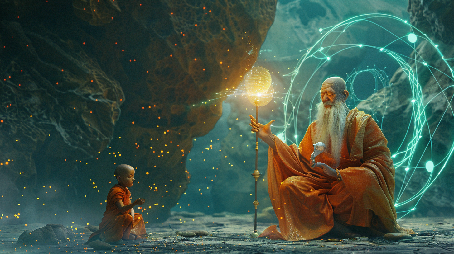 Guru Bodhi teaching Arjun inside a glowing cavern, a circular diagram of recursive calls shining behind them