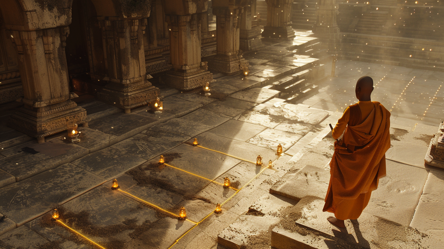 Guru Bodhi standing beside a line of lit lamps that form a glowing window of light along a temple corridor