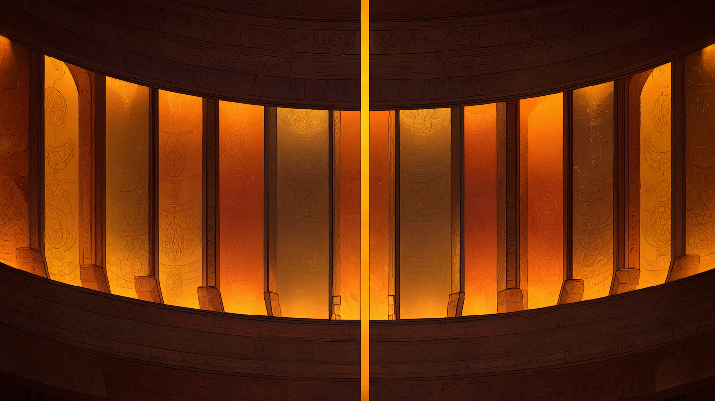 Abstract golden arches and panels showing a central division line, hinting at repeatedly halving a circular structure