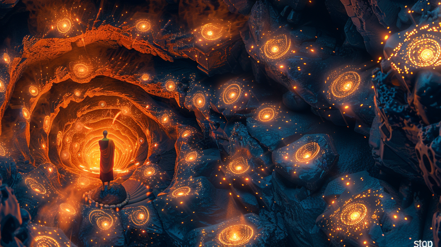 Arjun standing before a swirling vortex of glowing rings deep in a cavern, suggesting infinite recursive calls spiralling out of control