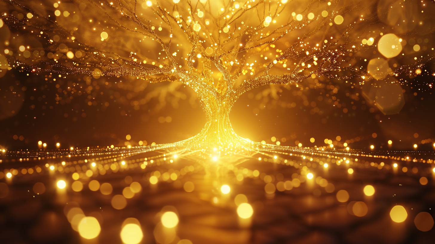 Golden tree with a balanced spread of glowing branches, light flowing evenly from one side through the center to the other
