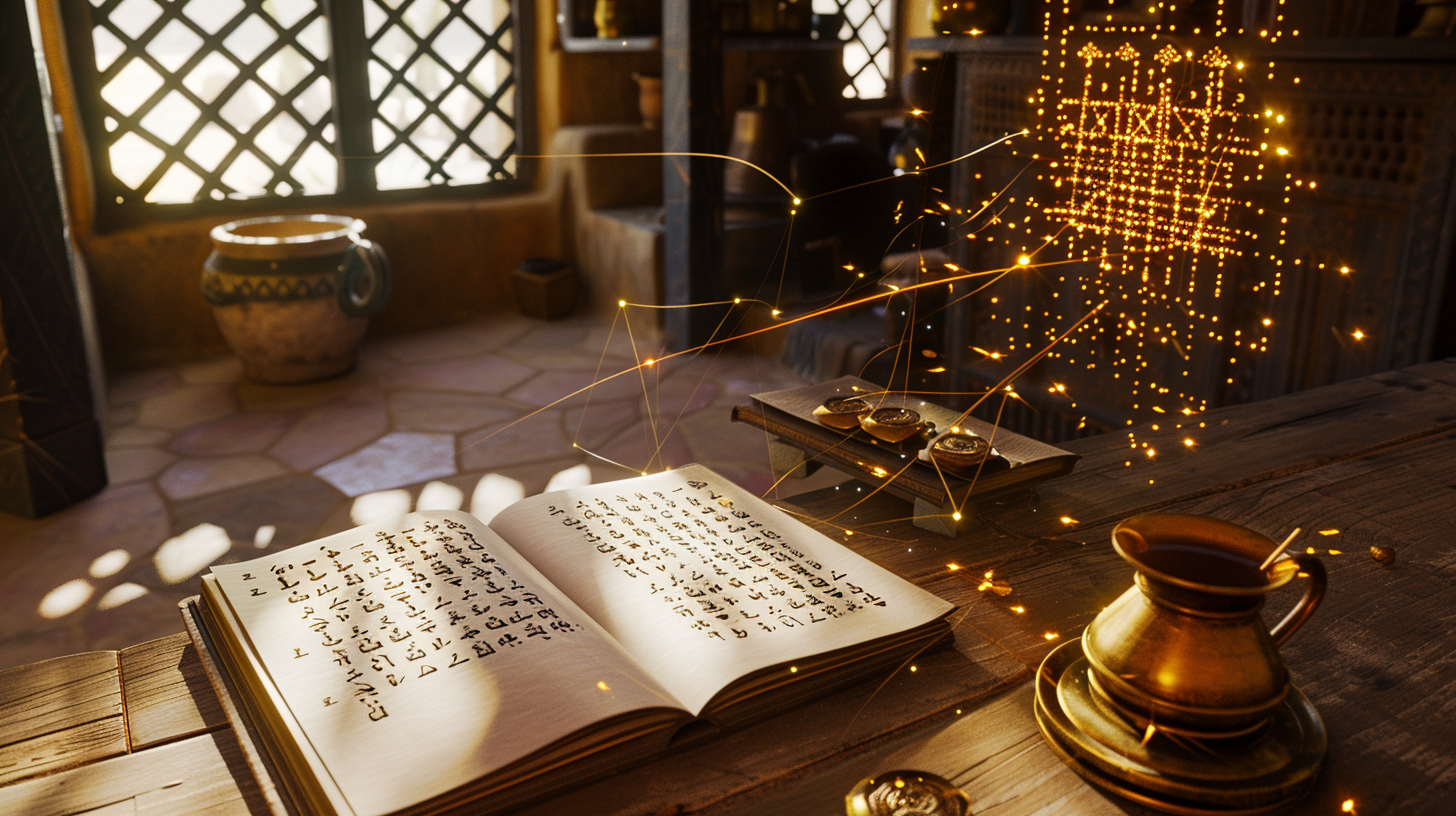 Sunlit study desk with open books and glowing connections representing fast lookup