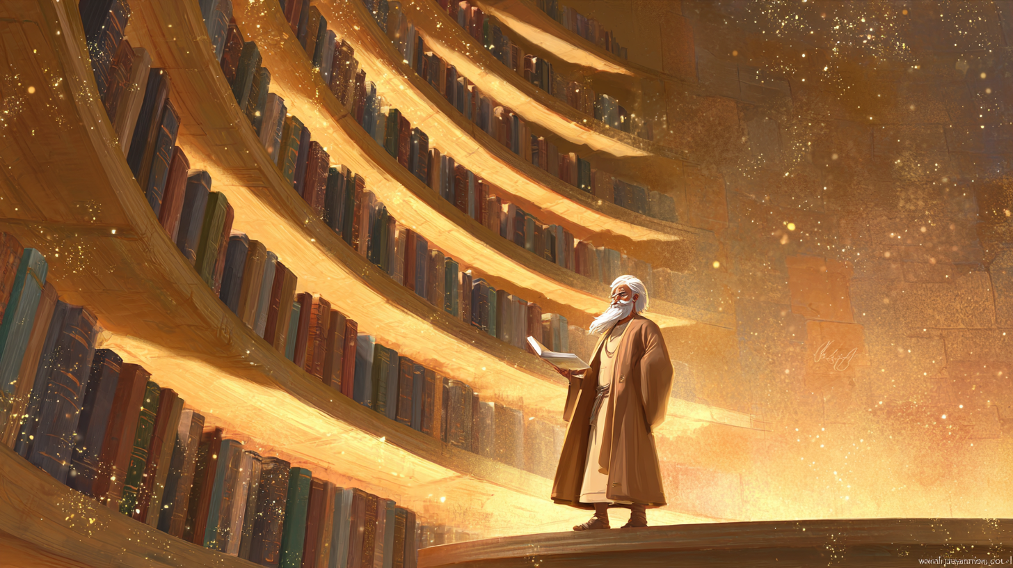 Guru Bodhi and Arjun standing by a curved golden bookshelf, the Guru pointing confidently to the middle shelf