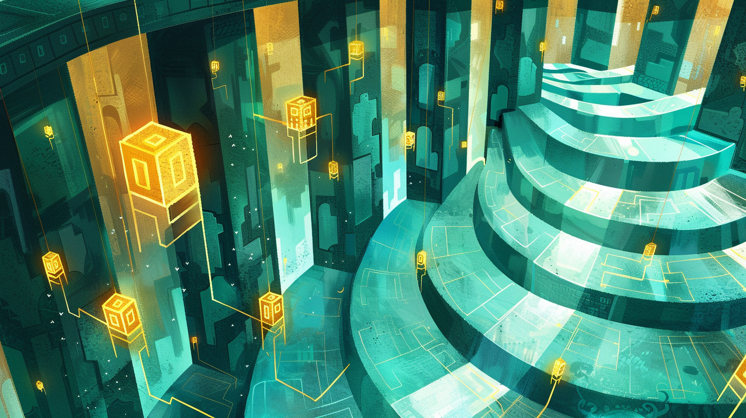 Glowing key-like shapes mapped to illuminated chambers along a corridor