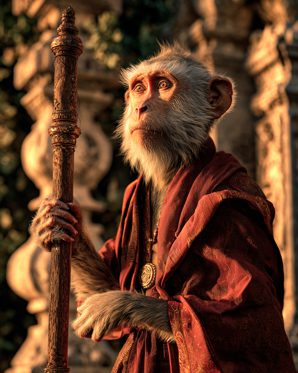 Monkey King in saffron robes holding a staff