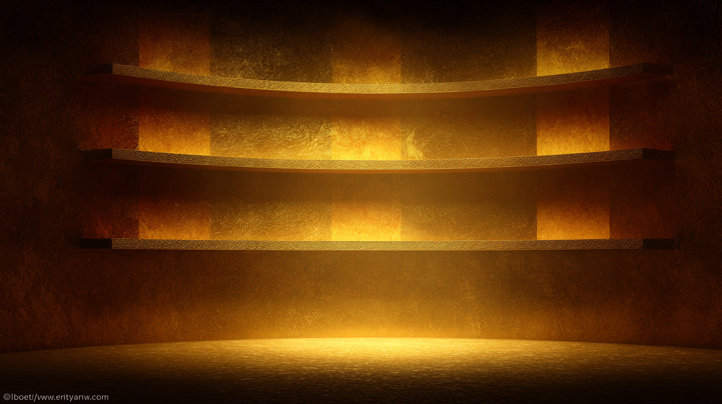 A small glowing section at the center of a curved golden shelf, highlighted like a spotlighted midpoint