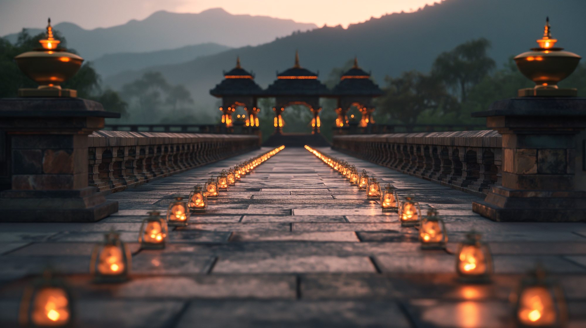 A long temple pathway lit by rows of lamps, with a bright highlighted band moving along the path like a sliding window