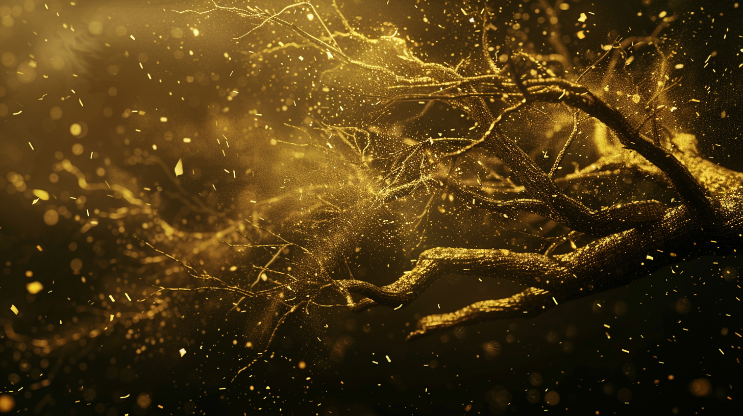 Dark golden branches stretching left and right, with the thick main trunk glowing on the far side as the final highlight