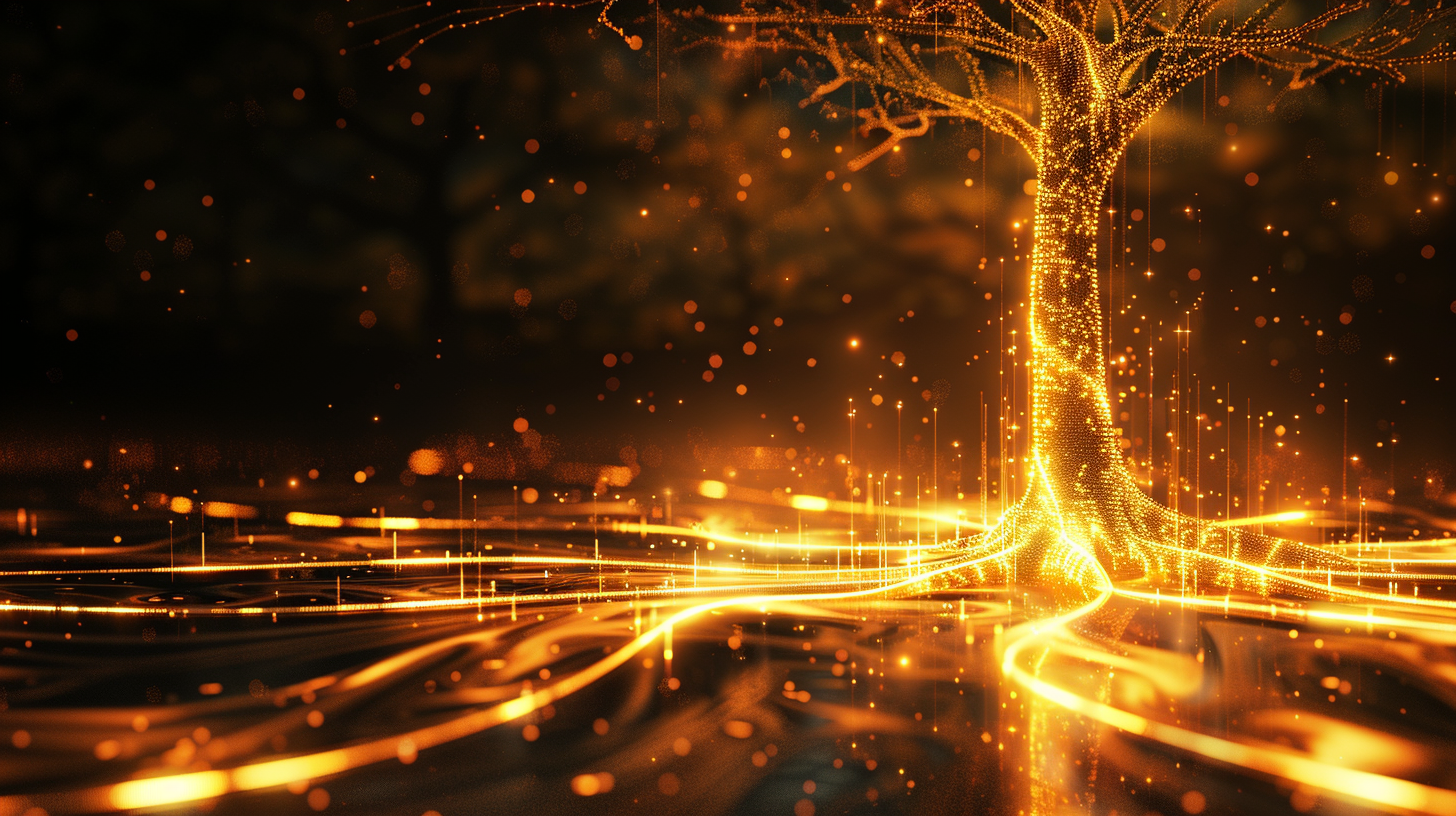 Glowing golden tree with bright light starting at the trunk and flowing outward along branches in a clear sequence