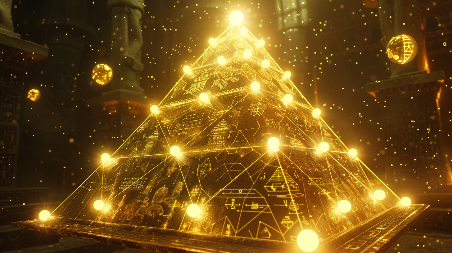 Glowing golden pyramid of interconnected nodes, brightest at the top, floating in a dim temple-like space