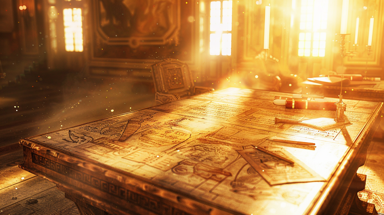 Sunlit royal desk scattered with scrolls and diagrams, showing a carefully written line of succession