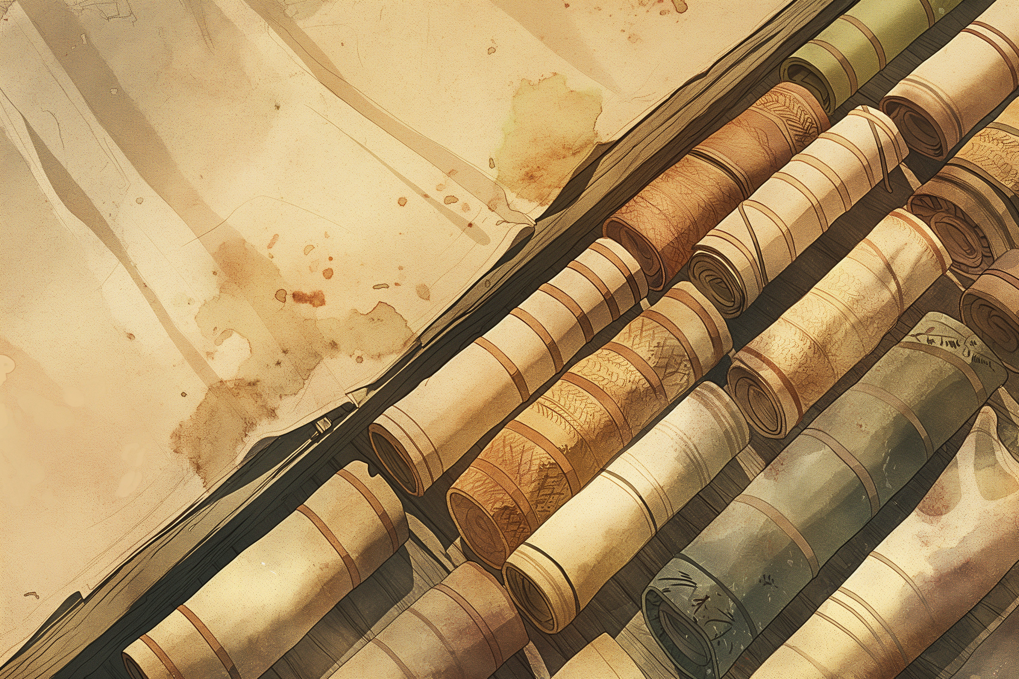 A chaotic drawer filled with rolled ancient scrolls of different sizes and colors, representing an unsorted collection.