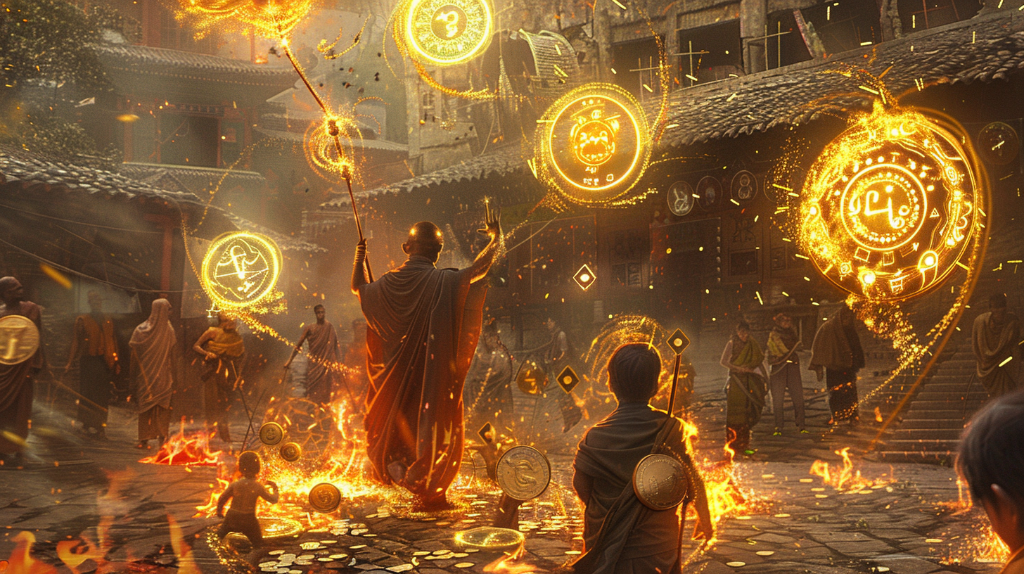 Guru Bodhi standing in a burning street, golden priority symbols floating frozen above different fires as people look on