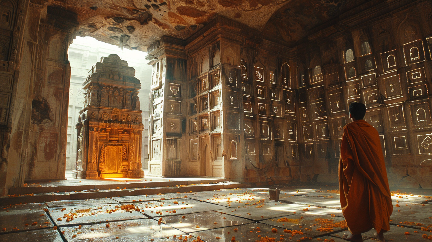 Arjun sitting before a towering stone wall filled with many carved niches and doors, each representing a separate possible choice.