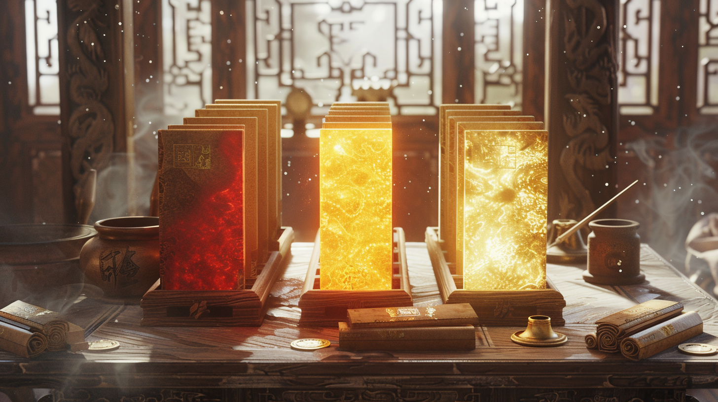 Elegant wooden desk with scrolls and tablets neatly arranged, some glowing red and gold to indicate higher priority