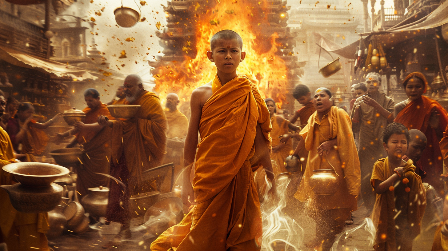 Young Arjun walking through a burning bazaar, surrounded by panicking people and falling pottery, looking overwhelmed by the chaos