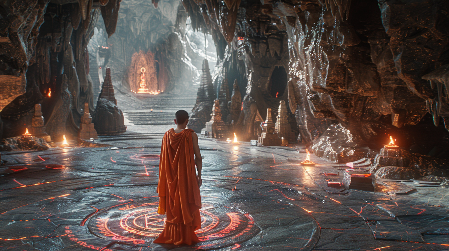 Arjun standing at a glowing fork inside an ancient cave, multiple stairways leading in different directions with symbols etched into the floor.