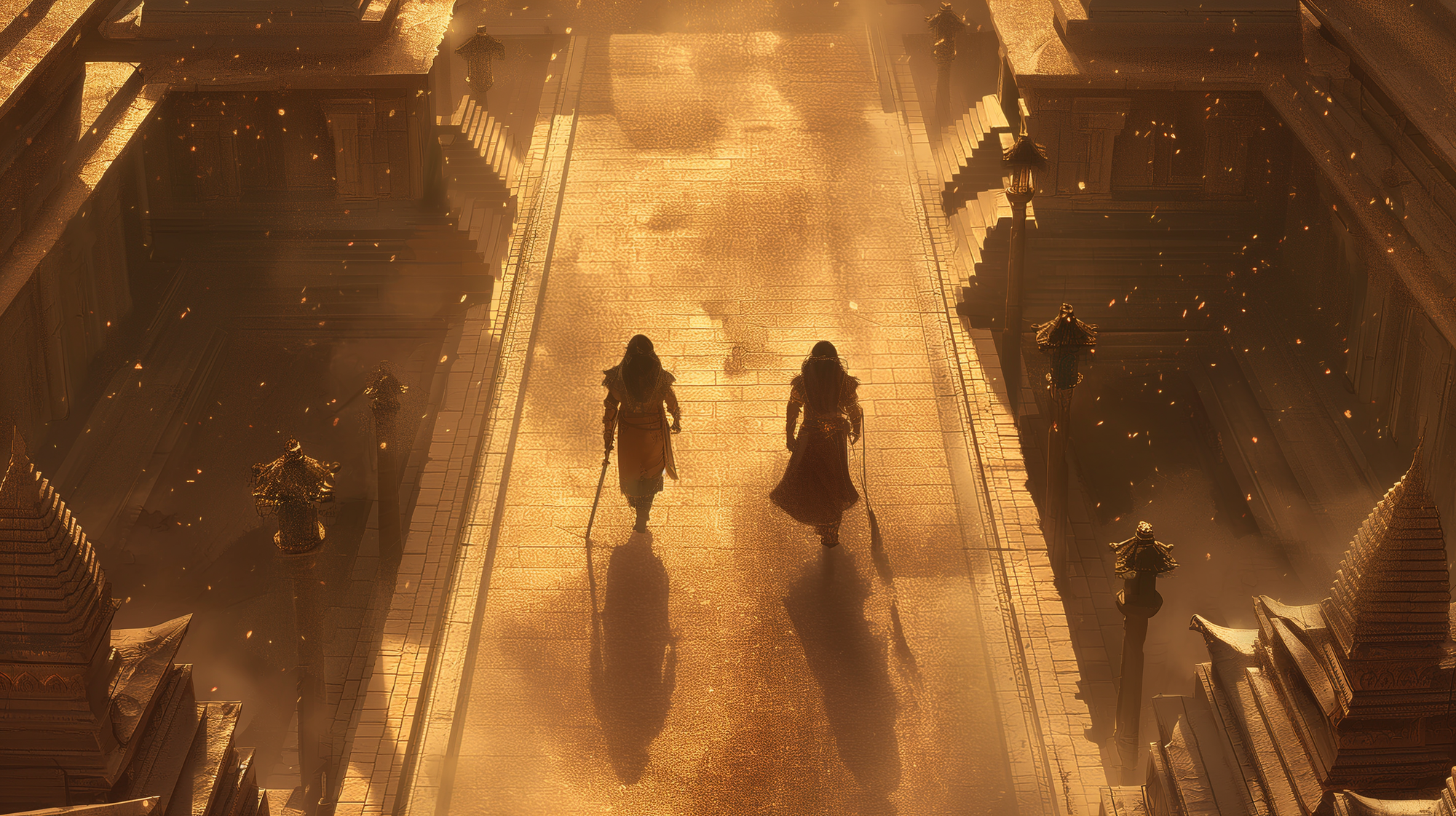 Two guards walking toward each other along a high stone corridor above an ancient city