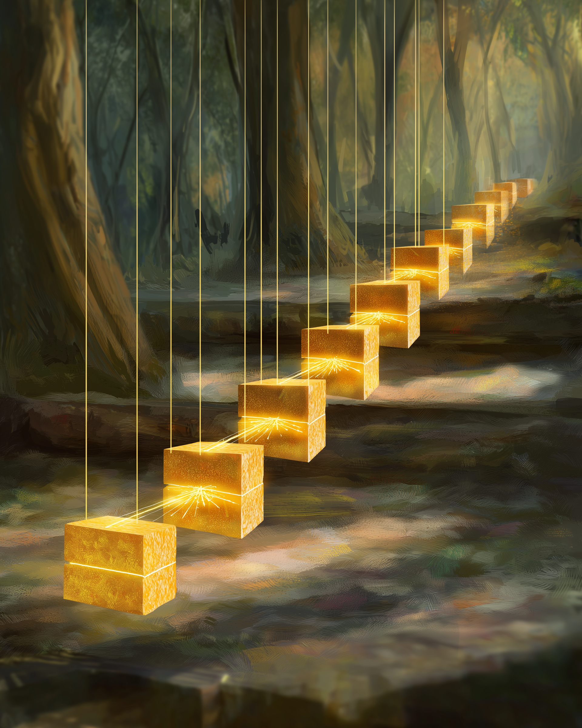 Glowing blocks representing greedy choices along a forest path