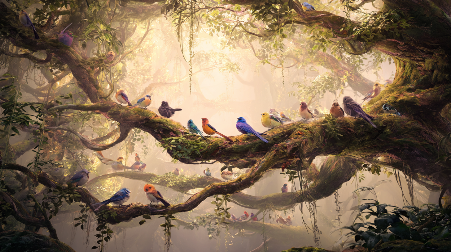 A council of colorful woodland birds debating on a forest branch