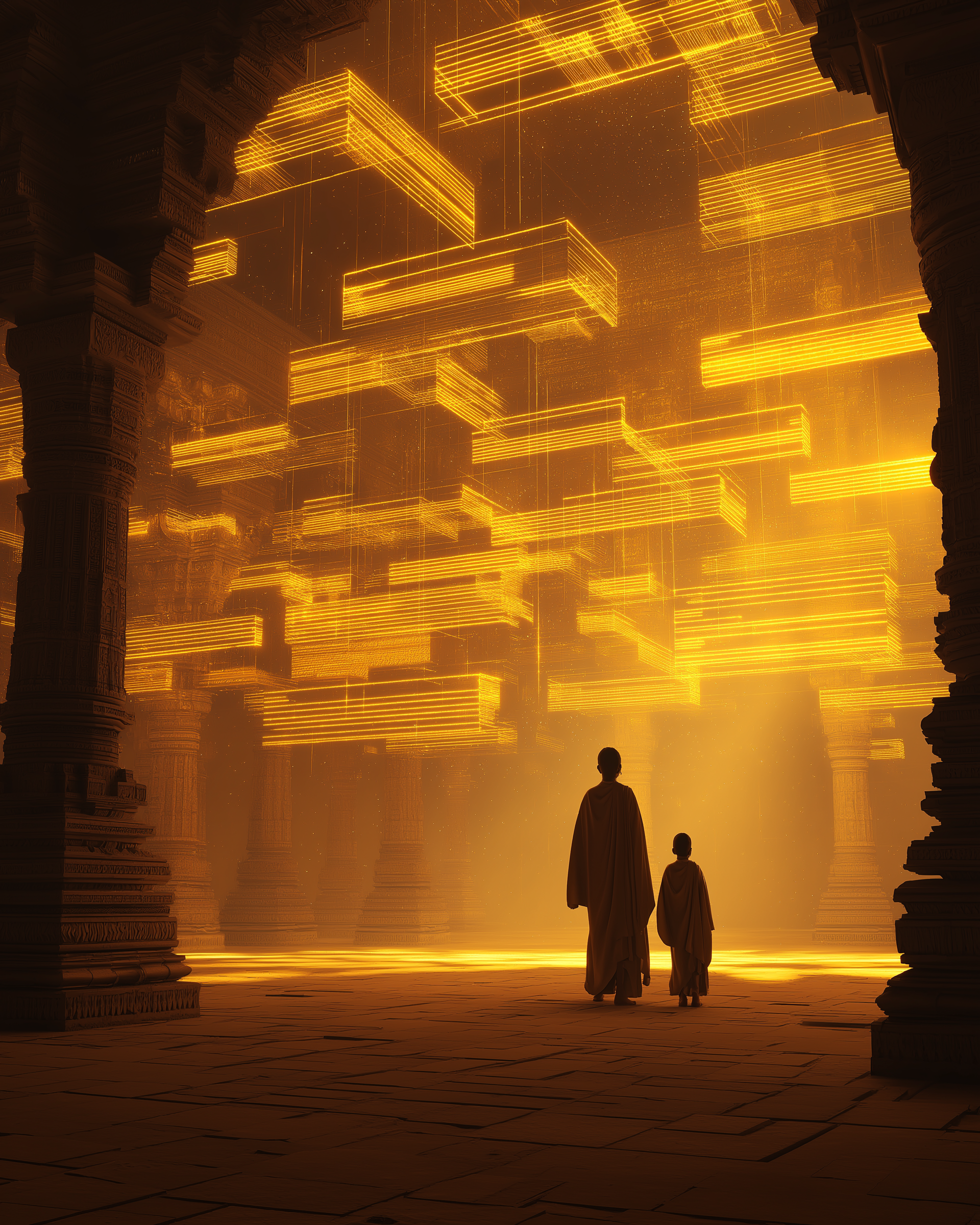 Guru and student looking at a glowing schedule of overlapping sessions