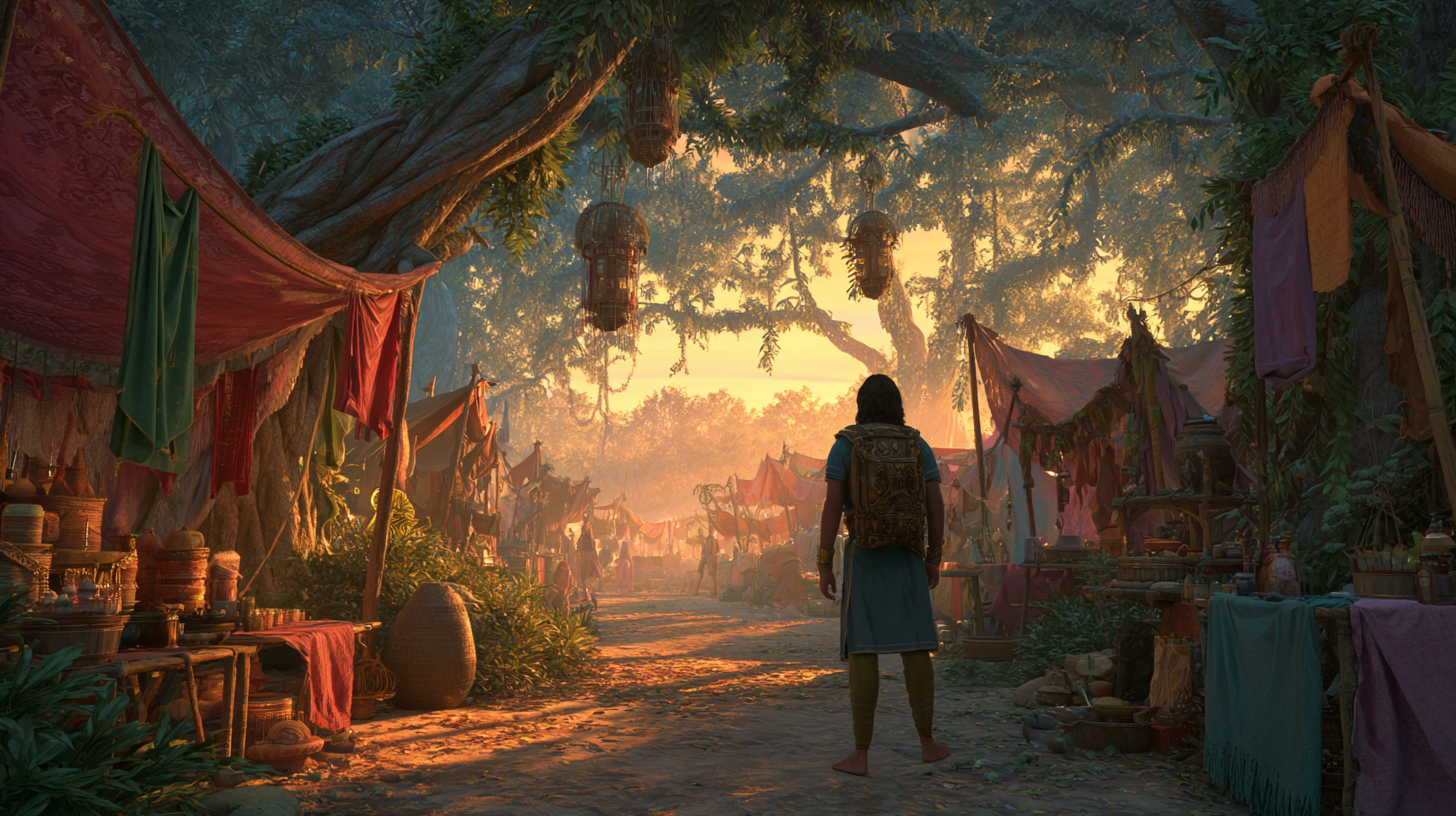 Arjun standing in a glowing forest bazaar, surrounded by lantern-lit stalls and too many tempting choices