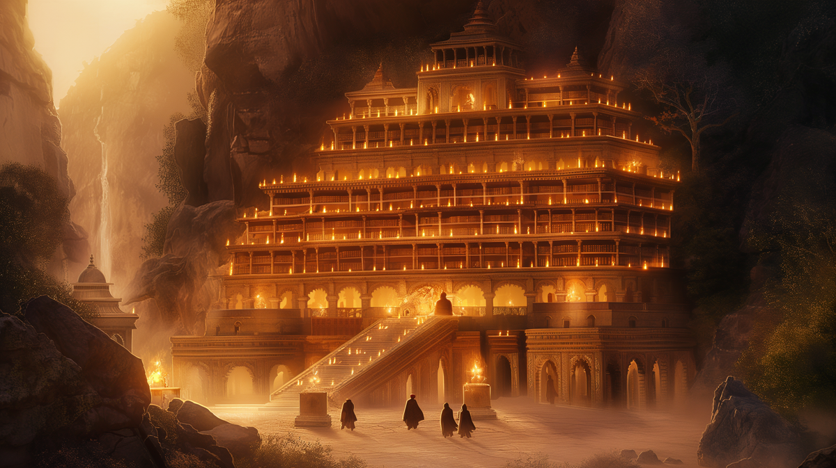 Ancient multi-tiered scroll fortress carved into a canyon, glowing with thousands of lanterns at dusk.