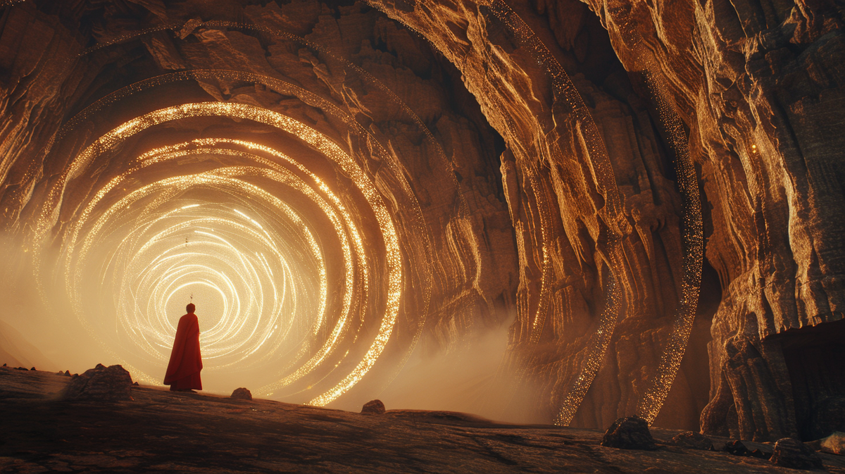 Arjun standing at the mouth of a glowing underground cavern, watching golden patterns repeat deeper and deeper into the darkness like echoes of light.