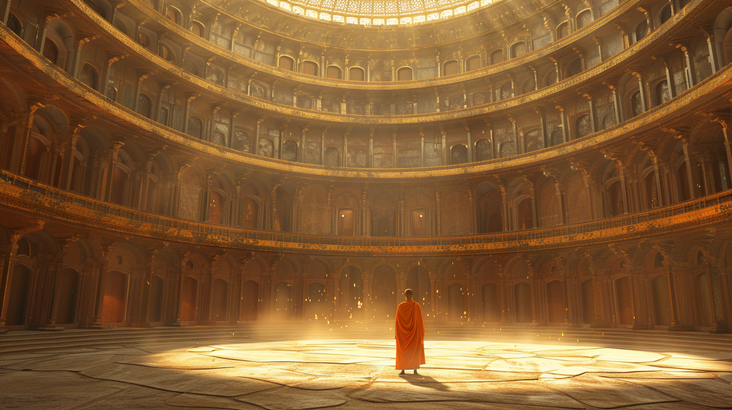 The Hall of Thousand Doors glowing in warm light, with Arjun standing at the center surrounded by countless arched doorways.
