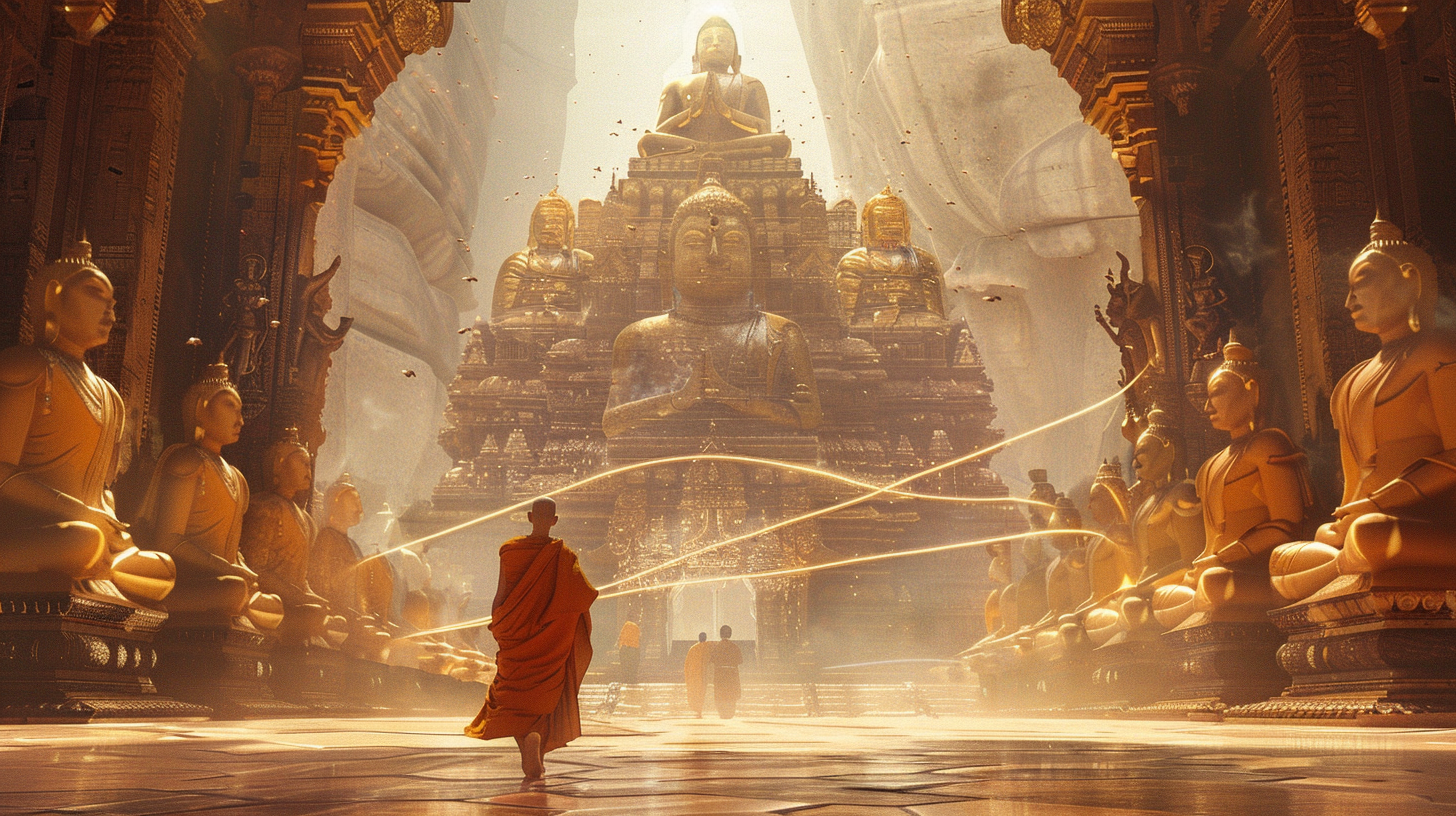 A vast golden ancestral hall filled with towering statues and glowing threads connecting them, symbolizing a family tree hierarchy.