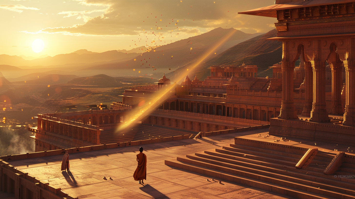 Ancient mountain courtyard in golden hour light, with a single bright sunbeam sliding across the stone floor as Arjun and Guru Bodhi watch